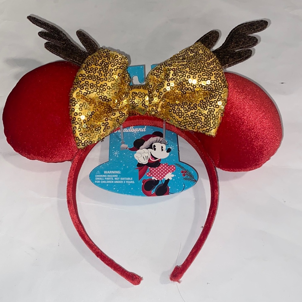 Minnie Mouse Ears Disney Headband Christmas Reindeer red Velvet Gold Sequins